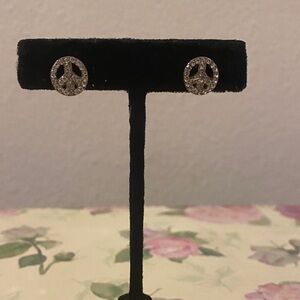 Silver and Rhinestone Peace Sign Stud Earrings